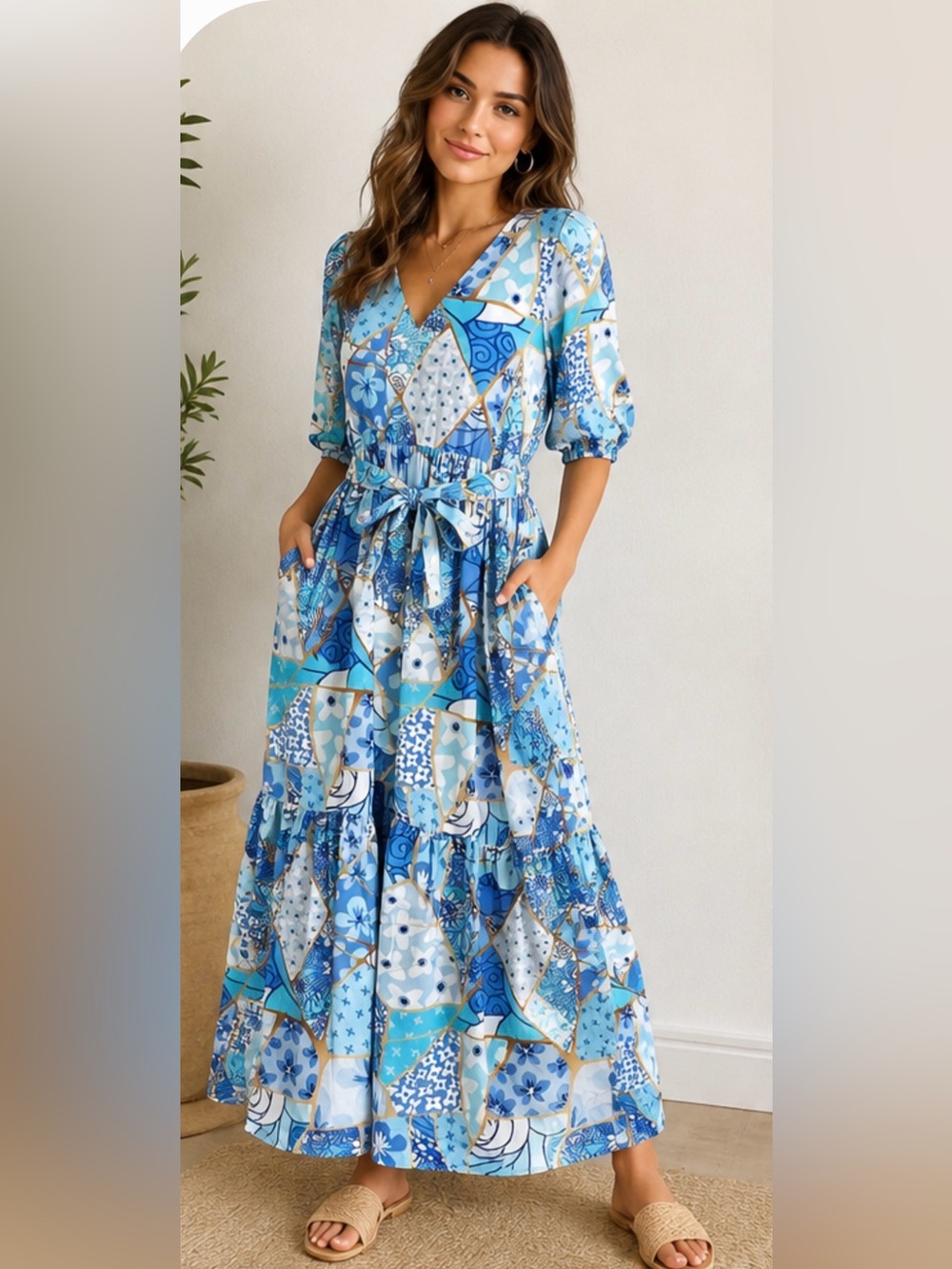 Maude Vivante Blue Floral Patchwork Maxi Dress Cottagecore Puff Sleeve Small